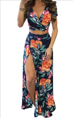 Women's Sexy 2 Piece Outfits Summer Beach Boho Floral Dress V Neck Crop Tops and High Split Maxi Skirt Sets