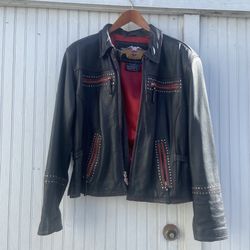 Vintage Women’s Leather Harley-Davidson Motorcycle Jacket With Red Satin Lining And Rose Embroidery Size XL