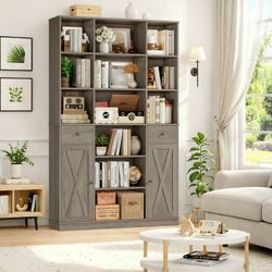 74.2" Tall Bookcases with 2 Drawers & Adjustable Book Shelf, 6 Tier Wooden Display Bookshelf Storage for Living Room Home Office, Gray