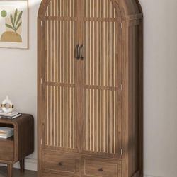 Wardrobe Closet, Modern Armoire Wardrobe Closet with Drawers and 2 Arched Fluted Doors, 70.87‘’ Tall Wooden Bedroom Armoires with Shelves and Hanging 