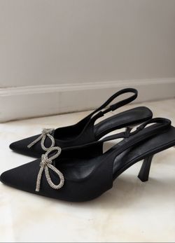 Black Satin Slingback Heels with Crystal Bow - US 8