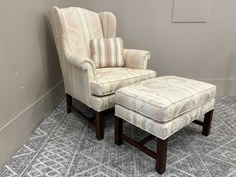 DREXEL Vintage Pale Pink Floral and Striped Wingback Chair with Ottoman