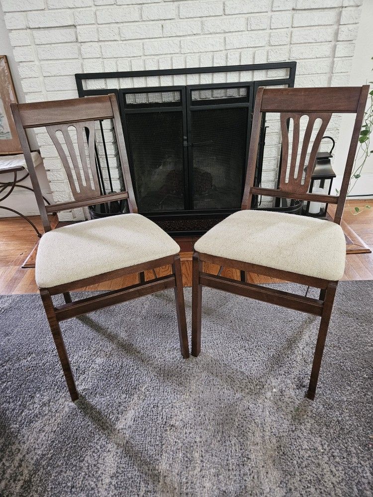 Pair Of Vintage Solid Wood Stakmore Folding Upholstered Seat Chairs