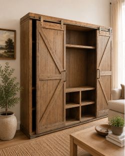 Large Burnt Alder Farmhouse Barn Door Bookshelf