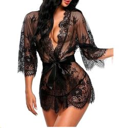 Lace Kimono Robe Babydoll Lingerie Mesh Nightgown