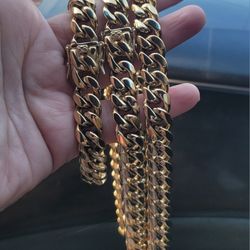 12mm Cuban SET chain & Bracelet 14K Gold GP