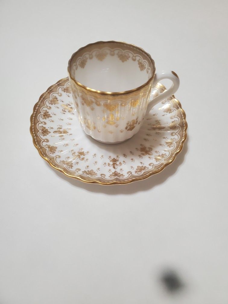 Spode Gold And White Fleur De Lys Demitasse Cup And Saucer