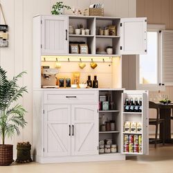 71" Pantry Cabinet, Kitchen Pantry Storage Cabinet with LED Light & Outlet, Kitchen Hutch with Microwave Shelf & 6 Hooks, Door Shelves & Drawer & Adju