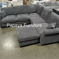 New! Dark Grey Sectional Sofa And Ottoman, Sectionals, Sofa, Couch, Grey Couch, Grey Sofa, L-Shaped Sofa, Plush Sectional Couch, Living Room Sofa