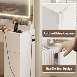 44" Vanity Desk with Large Mirror and Lights, Modern Glass Top Makeup Vanity Set with Power Outlet, 3 Drawers and 2 Cabinet, 3 Lighting Color Adjustab