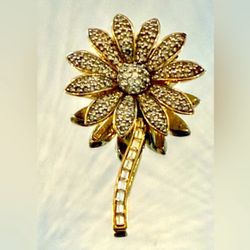 Vintage Gold Sun Flower Brooch Pin With White Rhinestones
