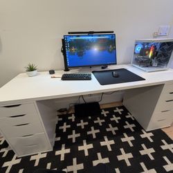 White IKEA Desk With 2 Alex Drawers And A Countertop