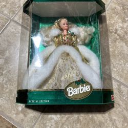 1994 Mattel Special Edition Happy Holidays Barbie Doll # 12155 Blonde Green Eyes
