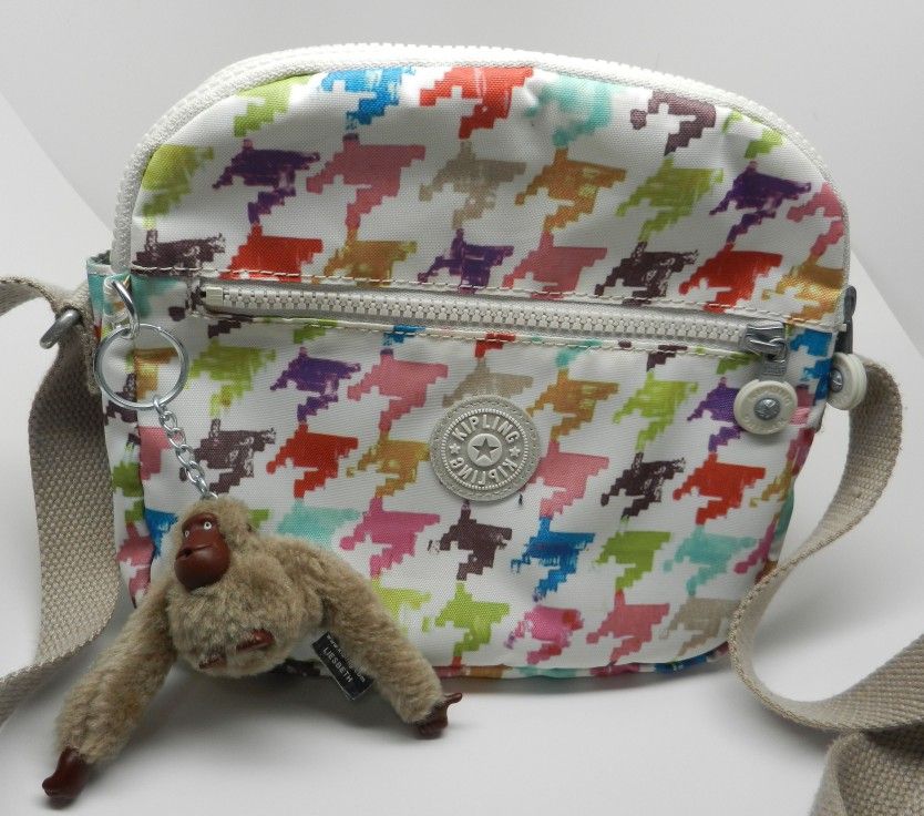Kipling Crossbody Sara Jane Bag With Gorilla Monkey Pink Purple Green Blue Print