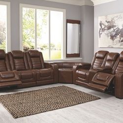 [EXCLUSIVE] Backtrack Chocolate Power Reclining Living Room Set With Power Headrest and Massage