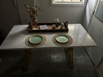 Modern Faux Marble Dining Table with Gold Metal Base – Like New