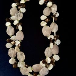 Rose quartz double strand necklace with moonstone, tourmaline & brown pearl necklace 18.5 inches