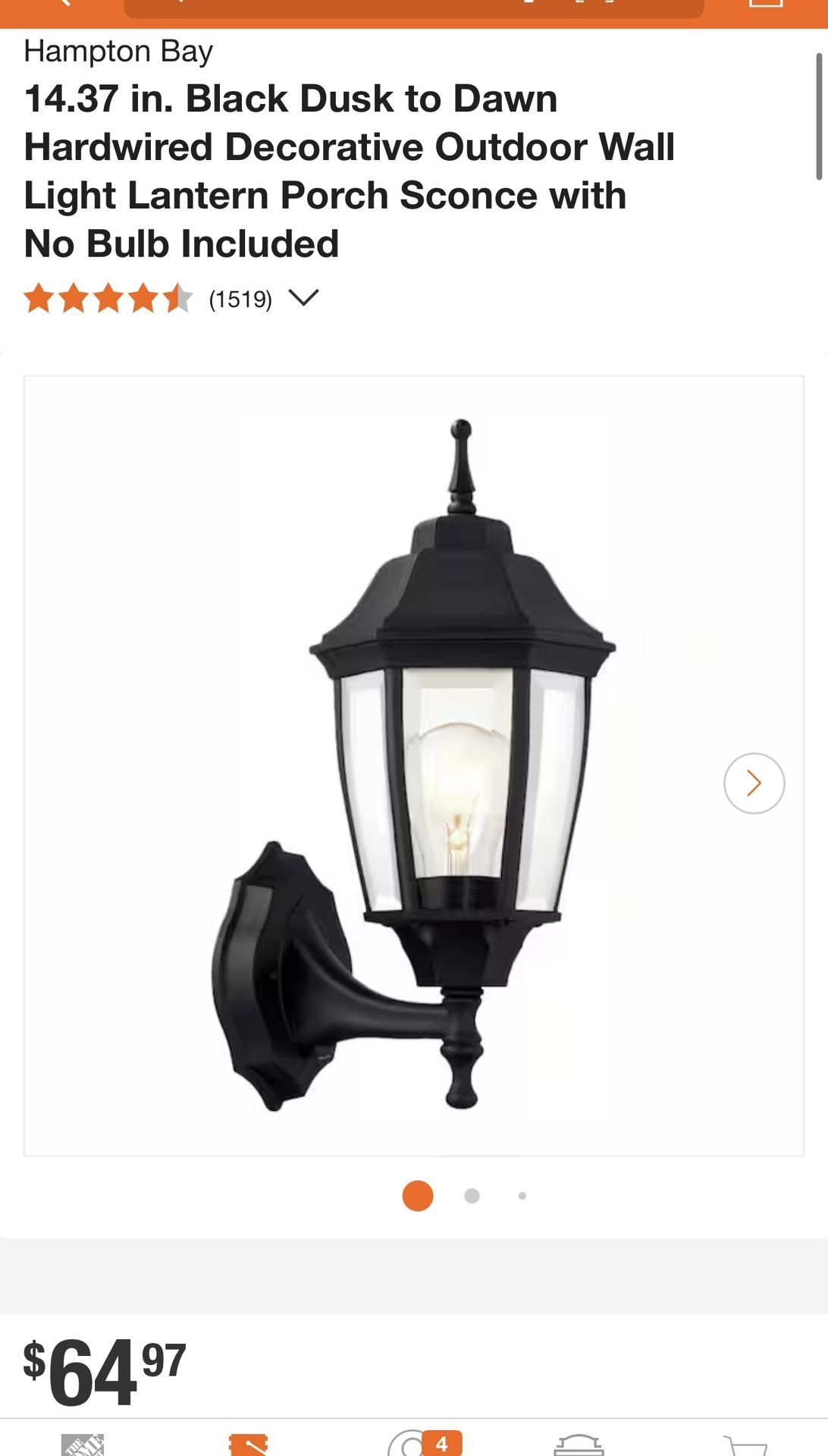 Hampton Bay 14.37 in. Black Dusk to Dawn Hardwired Decorative Outdoor Wall Light Lantern Porch Sconce with No Bulb Included