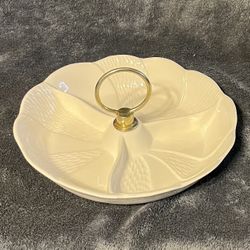 Vintage 1950’s California Pottery White Divided Snack or Relish Tray With Ring Handle. 
