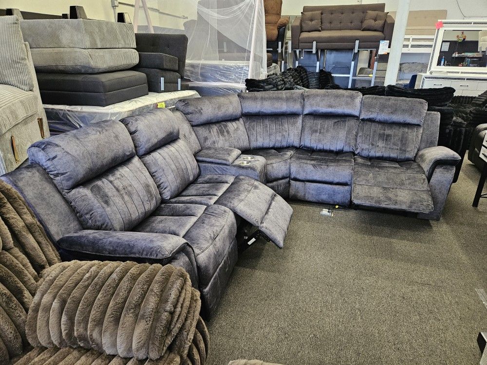 Brand New Sectional Velvet Dark Grey 3 Recliners 2 Power Recliners USB Outlet $998