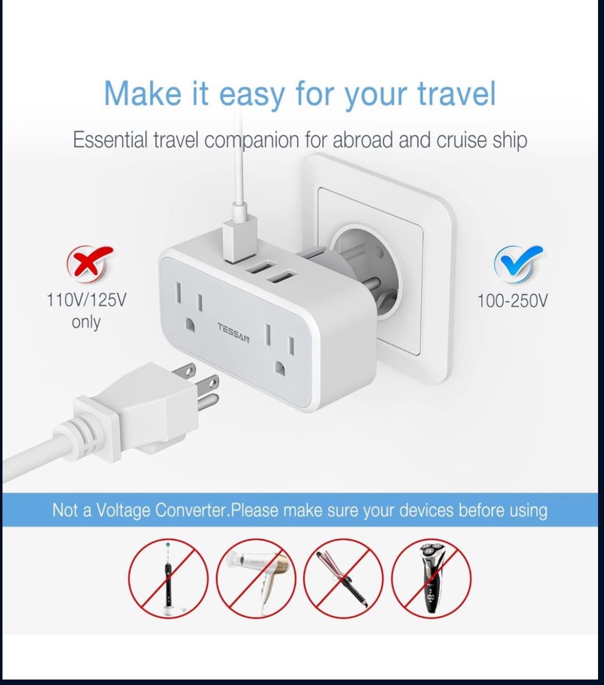 Brand New TESSAN Type E/F Plug Adapter, Travel Converter with 2 Electrical Outlet 3 USB Charger, US to Spain Iceland German French Norway A52