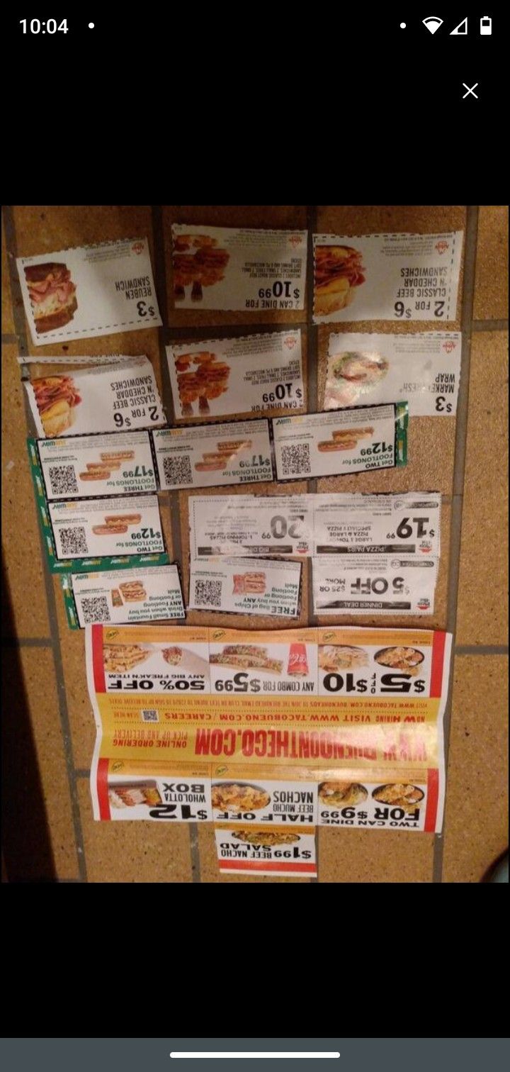 I Have Some Coupons For Pizza Hut, Subway, Arby's, And Taco Buena.