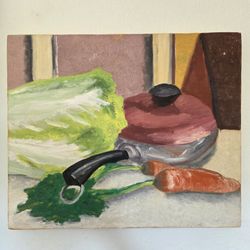 Vintage Still Life Painting of Vegetables and Pot
