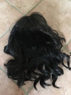 Dark brown wig, shoulder length, bangs