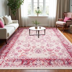 Zentavio Area Rugs 6x9 Washable Non-Slip Kid & Pet Friendly Living Room Carpets Vintage Floral Foldable Thin Low Pile Rug for Bedroom Kitchen Dining R