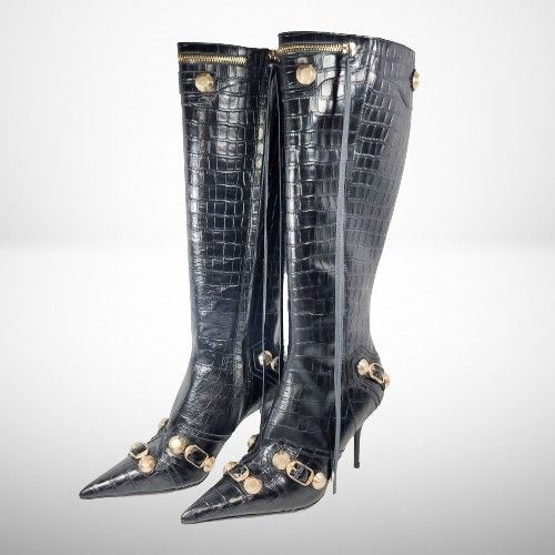 Balenciaga Brand New Cagole Croco-Embossed Calfskin Leather Zip Knee Boots