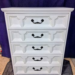 Fully Refreshed Vintage Dove White Five Drawer Dresser 
