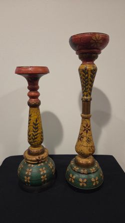 Vintage Hand Painted Bohemian-Maximalist Folk Art Esthetic Pillar Candle Holders
