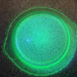 Antique Uranium Glass Serving Dish Beautiful Kitchen Ornate Pattern Etching UV Blacklight Green Glow