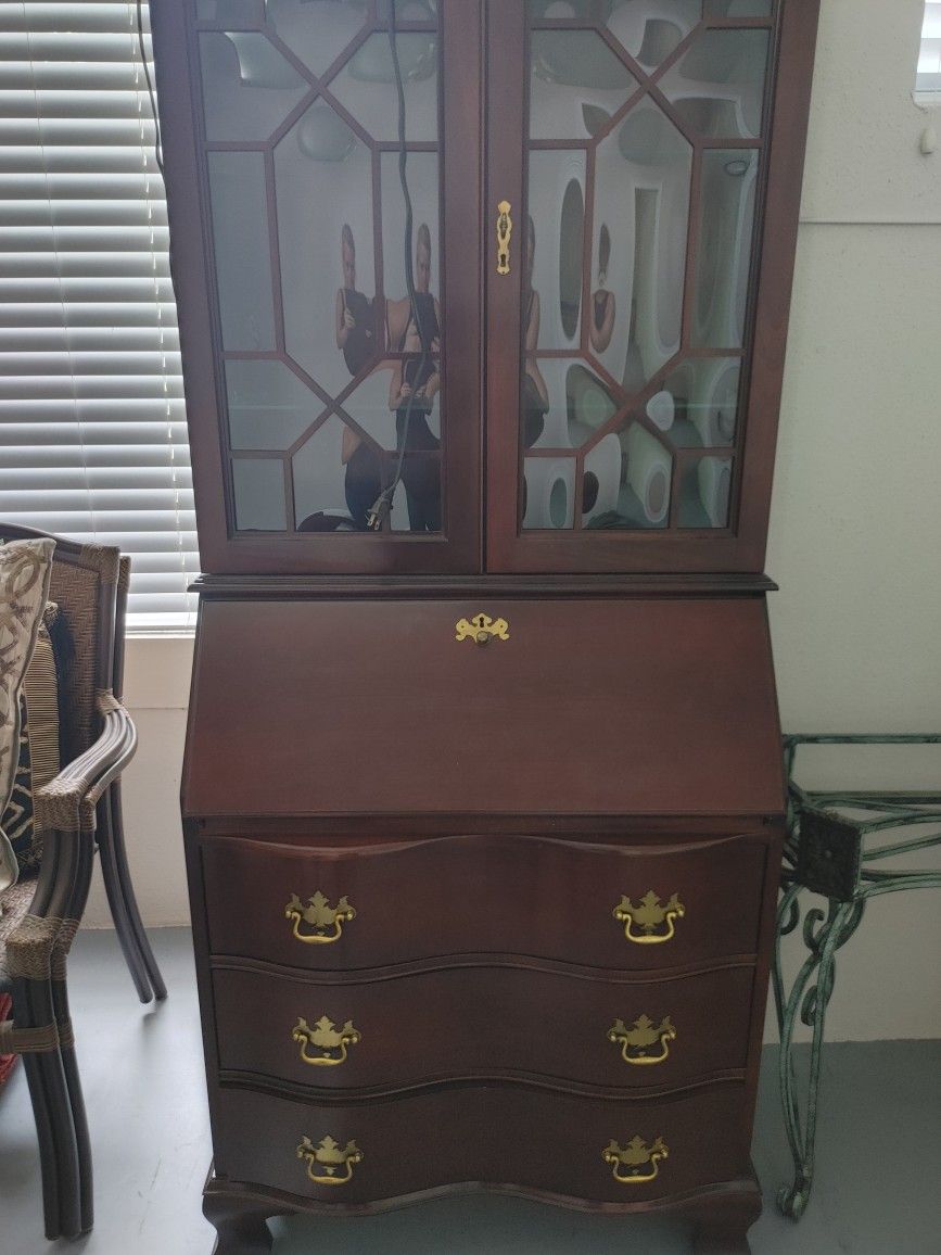 Vintage Jasper Mahogany Secretary Desk With Bubble Glass, Light, & Key