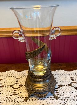 Art Nouveau Blown Glass Vase with Ornate Brass Base