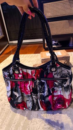 Brighton Floral Shoulder Handbag Purse Black Patent Trim EUC