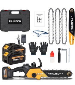 12-Inch Brushless Cordless Chainsaw, 1000W Electric Chain Saw 2×4.0Ah Batteries,2 Guide Bars & 3 Chains, Lightweight Handheld Saw for Tree Trimming, W