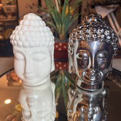 Silver and White Ceramic Buddah Heads 5”Hx4”Wx4”L (Northridge)