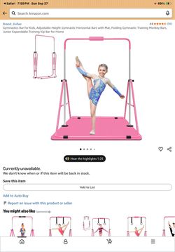 Jivifao Kids Adjustable Gymnastics Bar with Mat