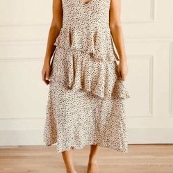 NWT Mystree tan with black dots sleeveless print tiered midi dress small  