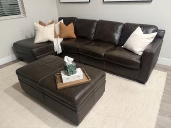 Dark Brown Leather Sectional Sofa with Ottoman