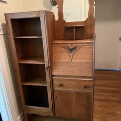 Vintage Wood Cabinet with Mirror - Storage, Shelves & Drop-Down Desk Or Bar