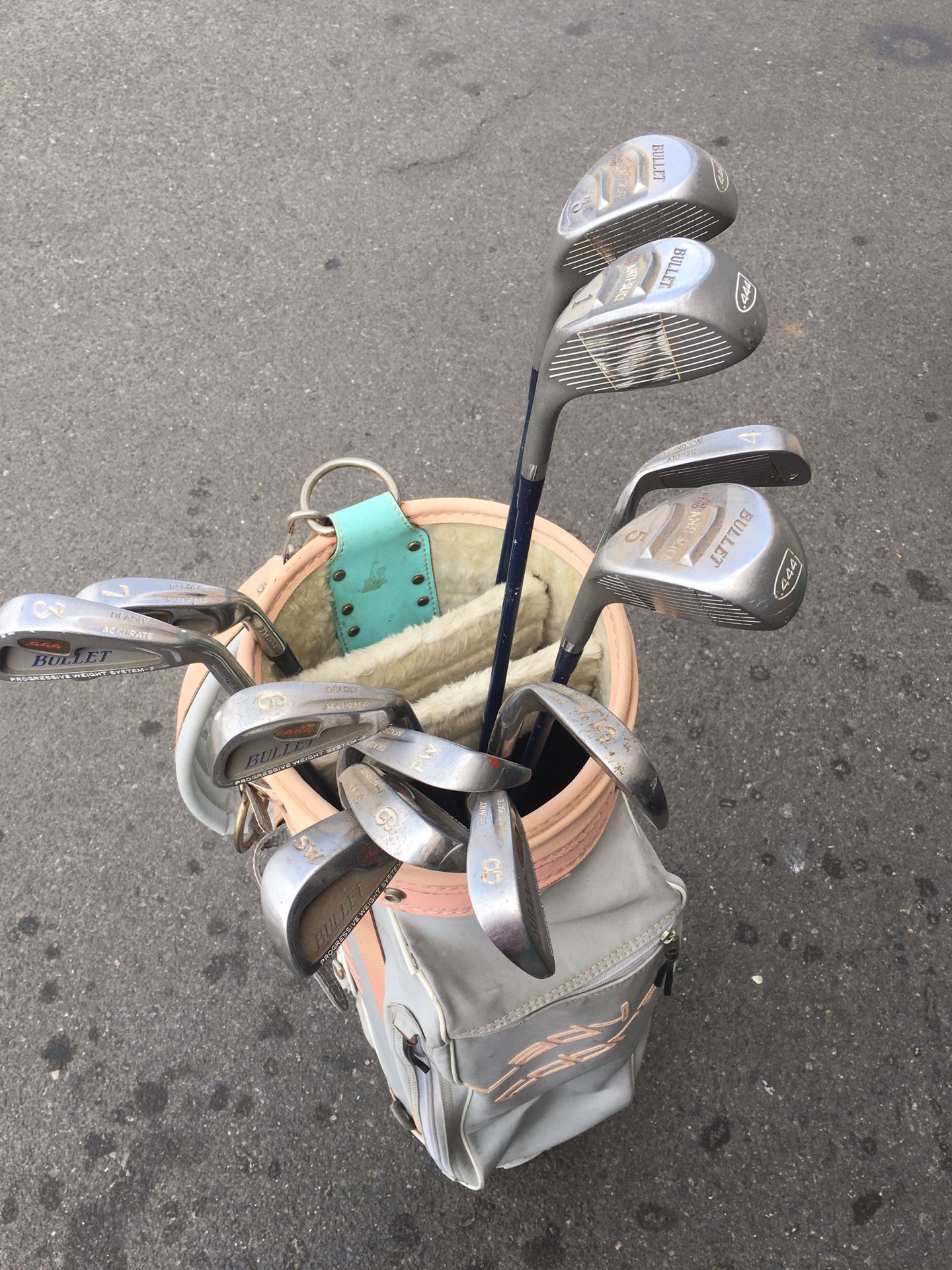 Ladies Bullit 444 Anti Slice RH Golf Clubs Good condition. Includes: 3,4,5,6,7,8,9,SW,PW irons. 1,3,5,Woods, Cobra Bag, Graphite Shafts.