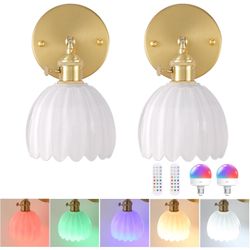 Vintage Battery Operated Wall Sconce with White Tulip Glass Lampshade Wireless Rechargeable Battery Powered Wall Light with Remote Control for Bedside