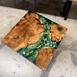 Hand Painted Koi And Wood Resin Coffee Table
