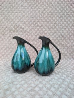 Pair of Small Teal Drip Glaze Ceramic Pitchers