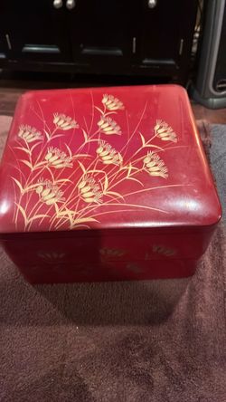 Red Lacquer Box with Gold Floral Design