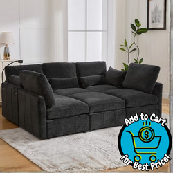 Harper & Bright Designs 85" Chenille Modular Sectional Sofa in Black w/ Ottoman, 2-USB Ports w/ Phone Holder