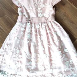 Pink Satin Ivory Tulle Lace Cap Sleeves Wedding Flower Girl Dress, Belt  Size  8 Kids Children's 