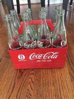 Vintage 8 Glass Coca Cola Glass Pint Bottles in Imperfect Red Plastic Carrier